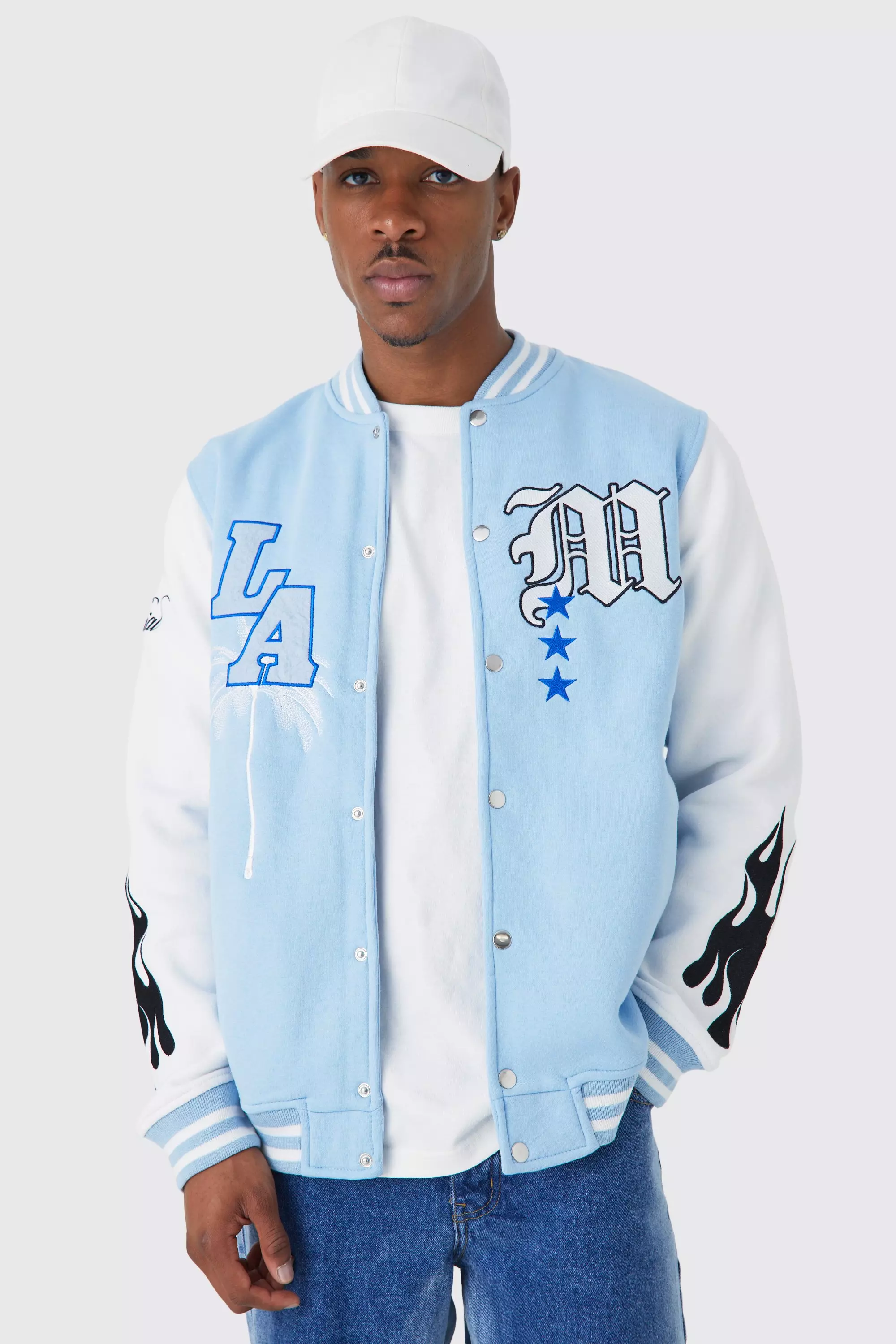 La Badge Jersey Varsity Bomber Jacket boohooMAN USA